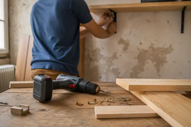 Une personne fixe une planche sous une étagère, avec une visseuse posée sur l’établi en bois