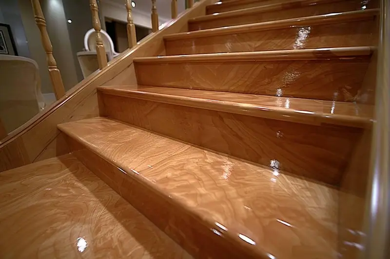 Escalier en bois verni aux marches brillantes, bordé d’une rampe à barreaux tournés