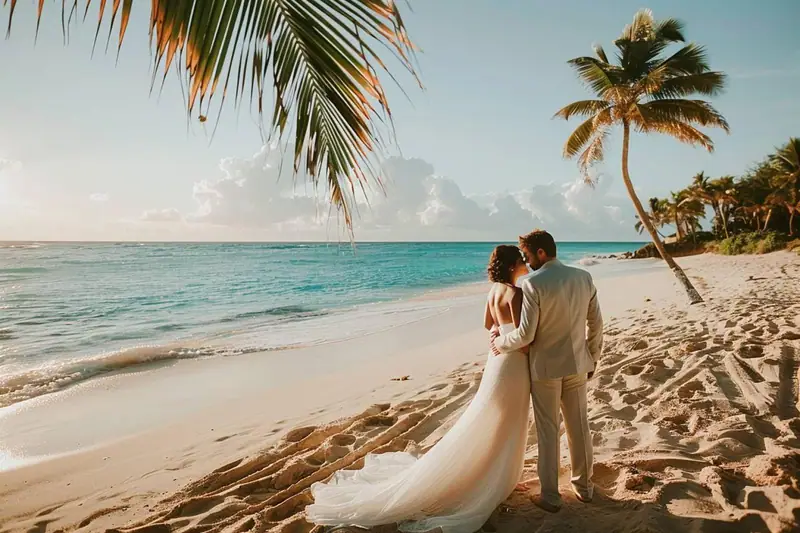 Un couple enlacé se tient sur une plage de sable, face à la mer turquoise et aux palmiers