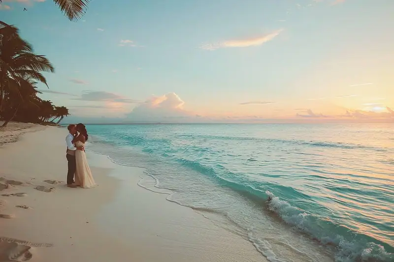 Un couple s’enlace sur une plage de sable blanc bordée de palmiers au coucher du soleil