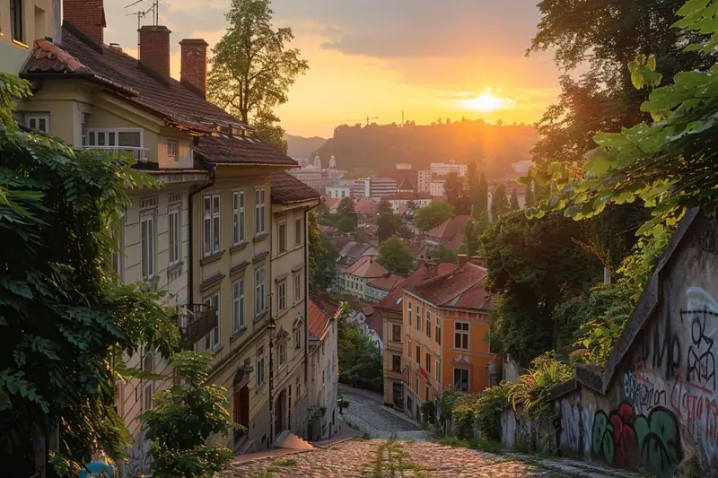 Rue pavée en pente bordée de maisons anciennes, arbres et mur couvert de graffitis au coucher du soleil