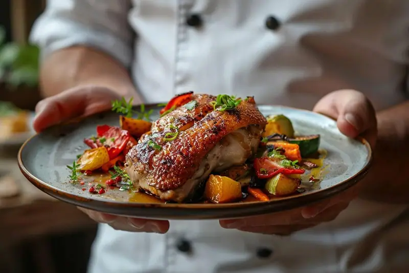Une personne en veste blanche tient une assiette de magret rôti avec légumes colorés