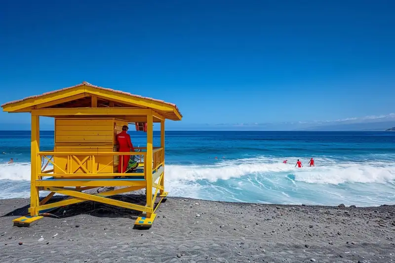 Cabane jaune sur pilotis face aux vagues, avec une personne en rouge sur la plateforme