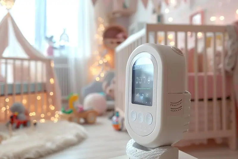 Un appareil blanc à écran et boutons est posé devant un lit à barreaux rose dans une chambre d’enfant